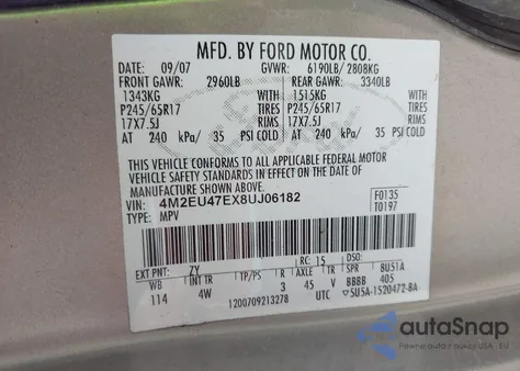 2008 Mercury Mountaineer из США, поврежденный, VIN 4M2EU47EX8UJ06182